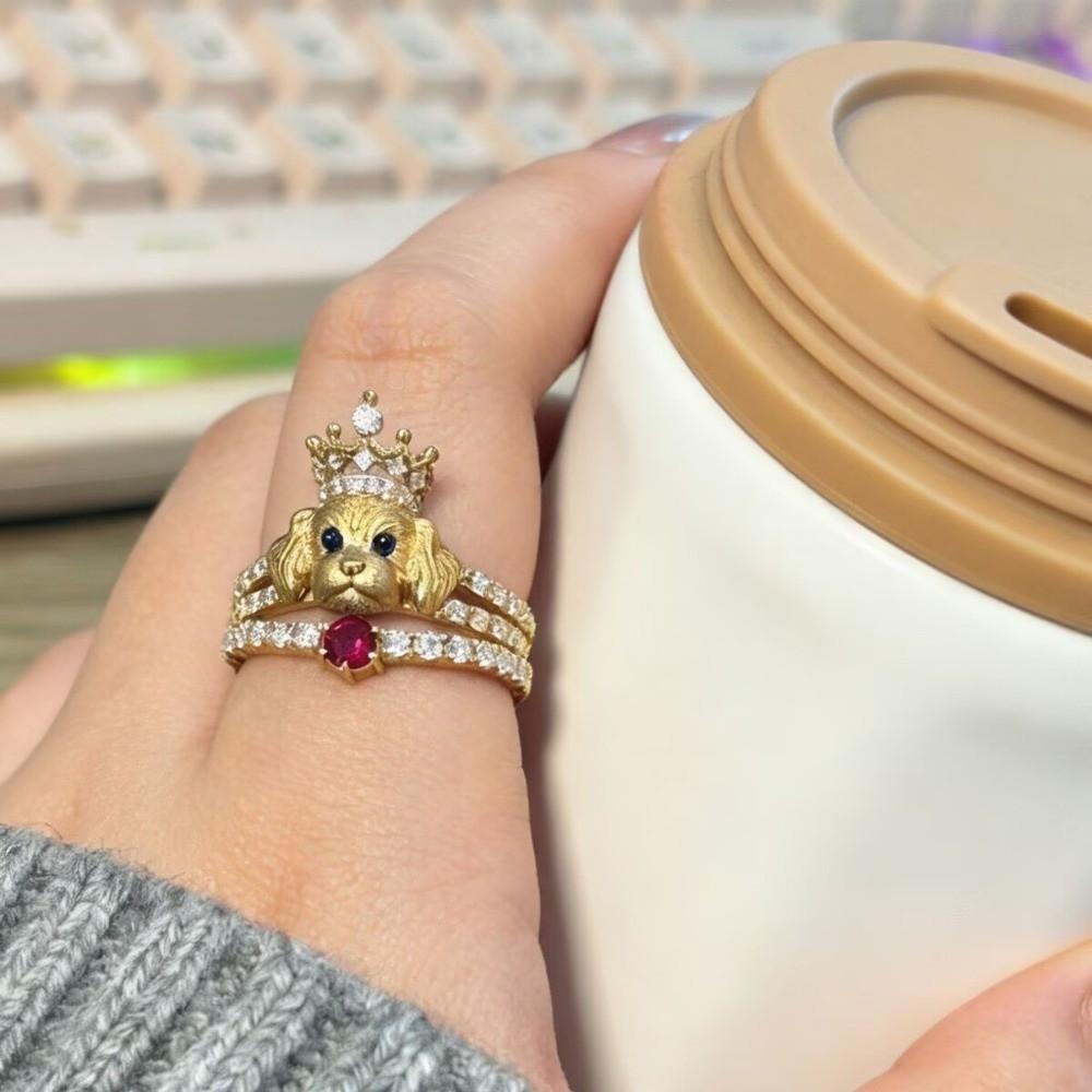Metal Rhinestone Dog Rings Open Mouth Design Fashion Jewelry Cute Cat Ring Work