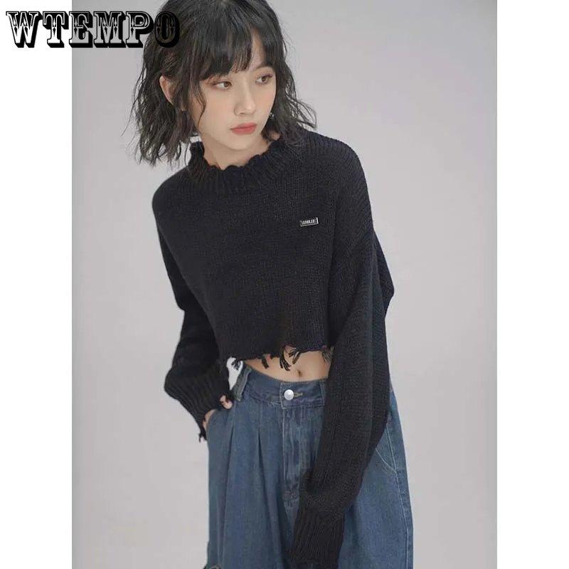 Cropped Knitted Pullovers Women Long Sleeve O-Neck Short Sweaters Girl's Solid Color Casual Irregular Jumpers Streetwear