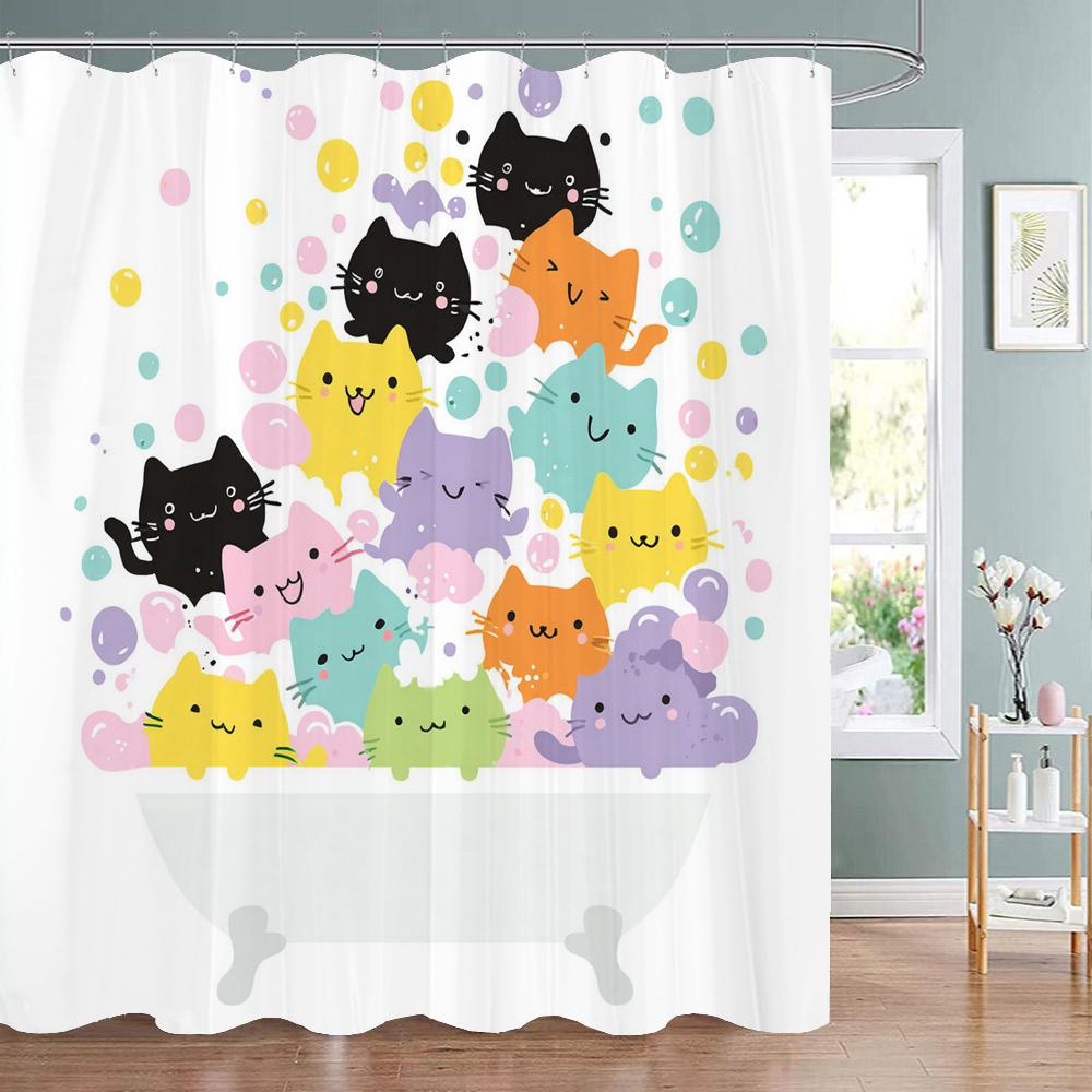 Cute Bathing Cats Art Cartoon Shower Curtain, Bathroom Decorative Shower Curtain, Waterproof Shower Curtain With Hooks