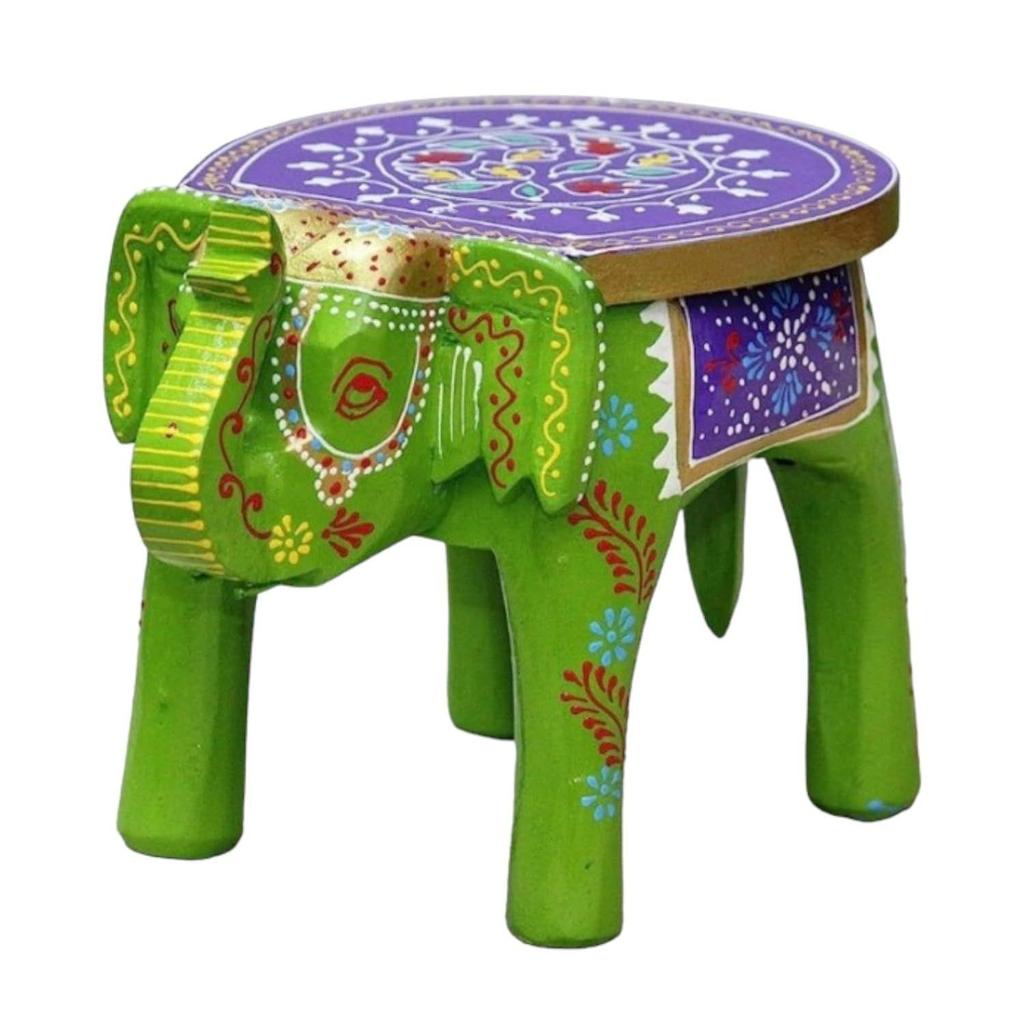 Hand-Crafted and Colorful Emboss Painted Wooden Elephant Shape Stool Cum Gardan Table,Decorative Showpiece (8 Inches Height, Green)
