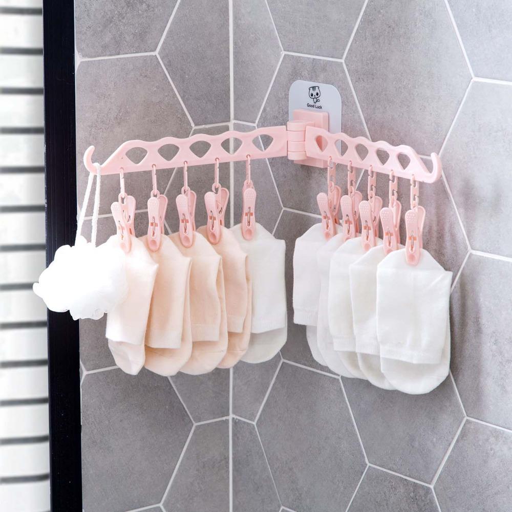 Bathroom 10 Clips Foldable Clothes Rack Hanger Laundry Folding Wall Underware Clothespin Mount Drying Holder for Bra Socks