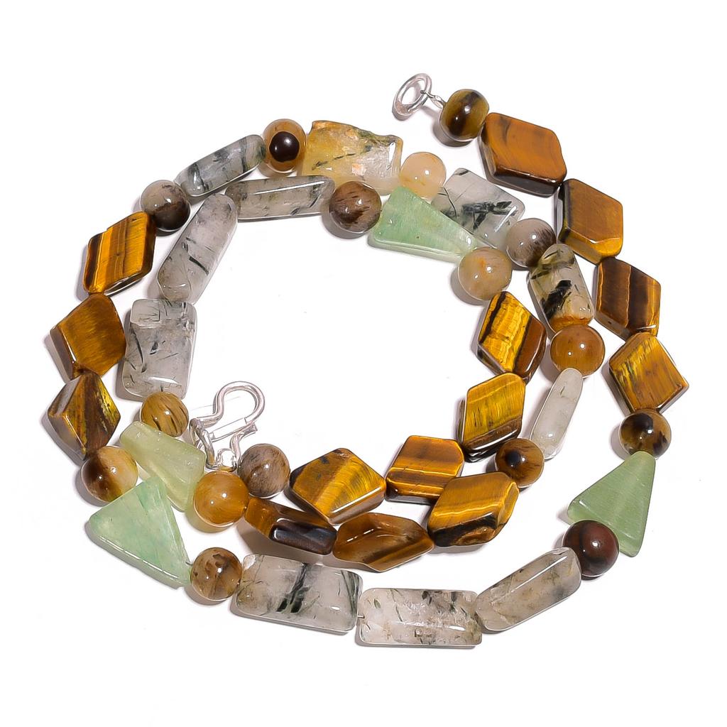 Natural Tiger Eye Rutile Quartz Aventurine Gemstone Beads Necklace 17" UB-4138 UB-4138