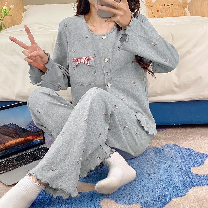 2025 весна хлопок кардиган пижама комплект для женщин цветочный длинный рукав брюки комплект женская пижама домашняя одежда милый серый молодая девушка пижама костюм