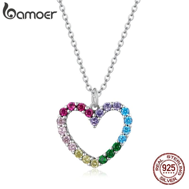 925 Sterling Silver Rainbow Colorful Heart Pattern Love Dazzling Zircon Necklace Chain Link For Women Jewelry Scn449