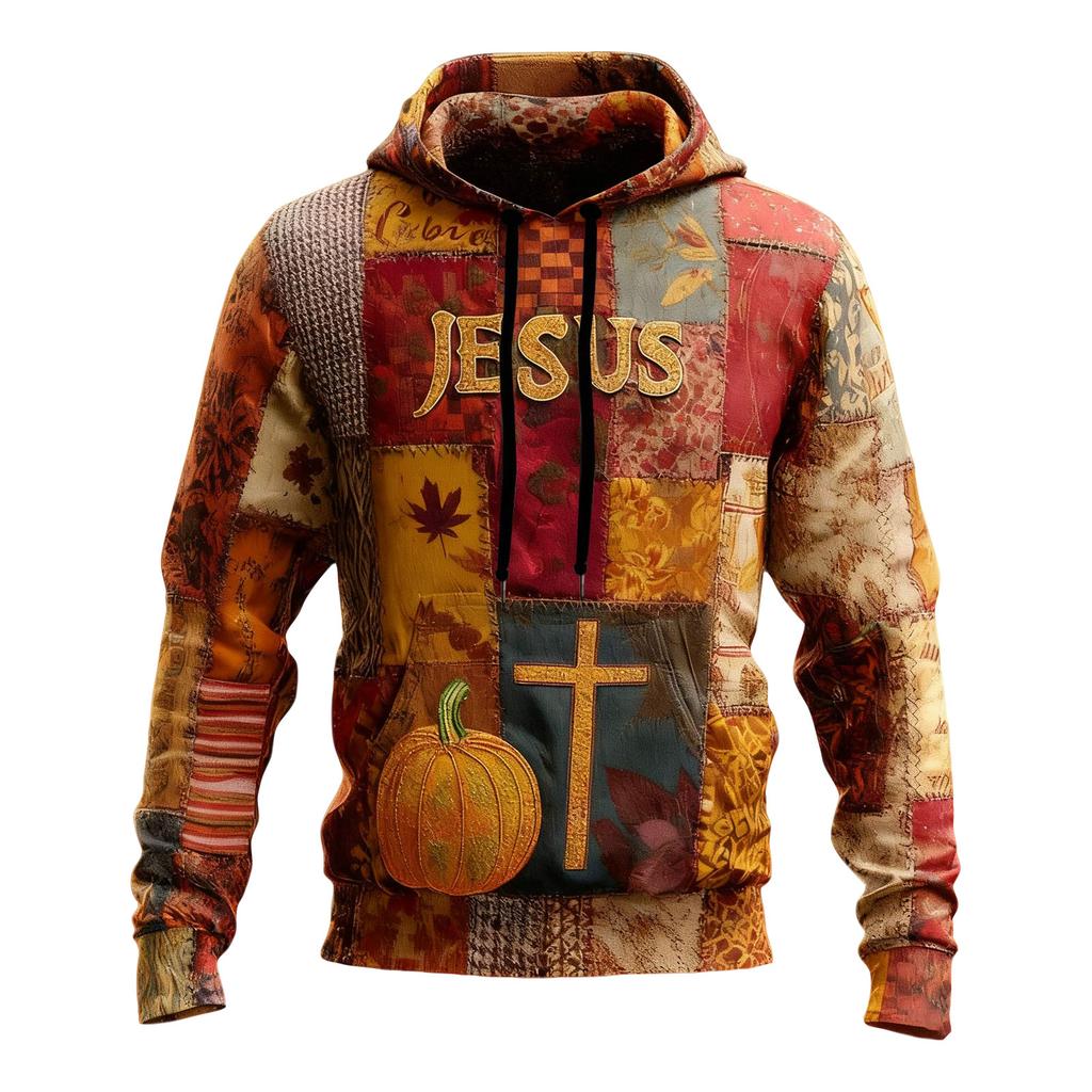 Мужское Ретро Повседневное Худи Оверсайз с Принтом Креста, Карманами и Заниженной Линией Плеча