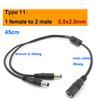 13 types 12v DC Male female Power supply Splitter Adapter to 2 way dual male Female Cable Plug 5.5*2.1mm 2.5mm 22awg 18awg wire