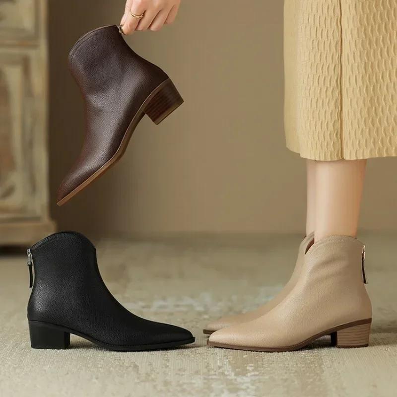 Spring and Autumn New Boots Women's Pointed Coarse Heel Short Boots Fashion Retro Soft Leather Zipper Fashion Short Boots