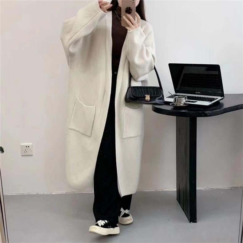 Большой размер ленивый стиль длинный вязаный кардиган женский осень и зима новый корейский вариант свободный V-образный вырез двойной карман свитер куртка прилив