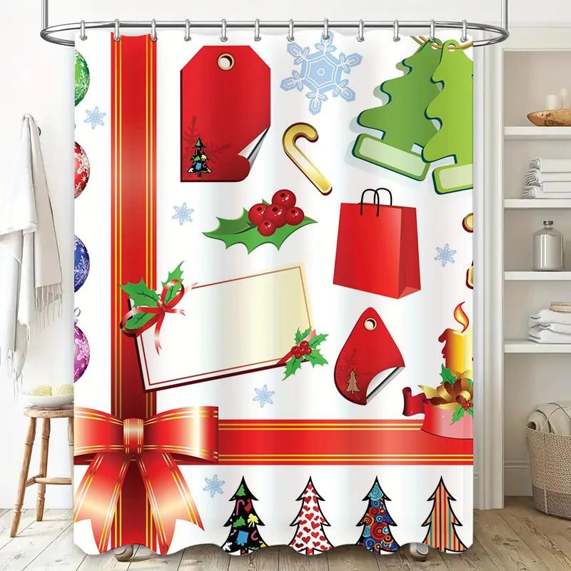 TU Festive Holiday Shower Curtain Christmas Trees Reindeer Snowflakes Winter Pattern Waterproof Fabric Decor Bathroom Set