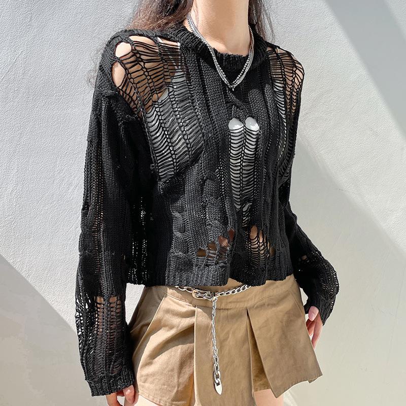 Women Hollowed Knitted Sweater Smock Female Personality Loose Outer Wear Sweater Tops