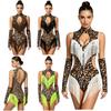 Women Leopard Print Latin Bodysuit Oversleeve Tassel Keyhole Backless Hollow Waist Button Crotch Leotard