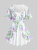 Rosegal Plus Size Floral Leaf Printed Mesh Ruffles Lace Up Layered Top