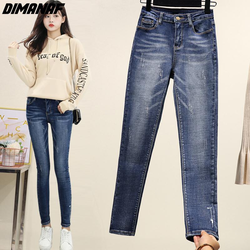 Dimanaf Plus Size Women Jeans Solid Pants Denim Autumn Female Elastic Basic Blue High Waist Trousers Oversize Fashion New Pants 4XL 5XL