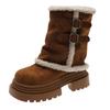 Cowhide version of women's boots with velvet 2025 new winter small height increase medium boots cotton boots muffin Martin boots