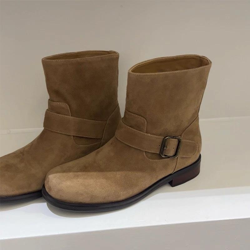Версия из овчины~ ретро замшевые матовые с круглым носком на толстом каблуке с ремешком и пряжкой короткие ботинки женские 2025 ковбойские ботинки в западном стиле ботинки Мартин