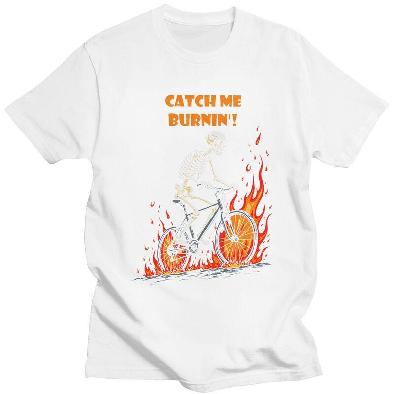 Мужские футболки с принтом 'Catch Me Burnin Bicycle Cyclist Skeleton', 100% хлопок, с коротким рукавом, модные, одежда