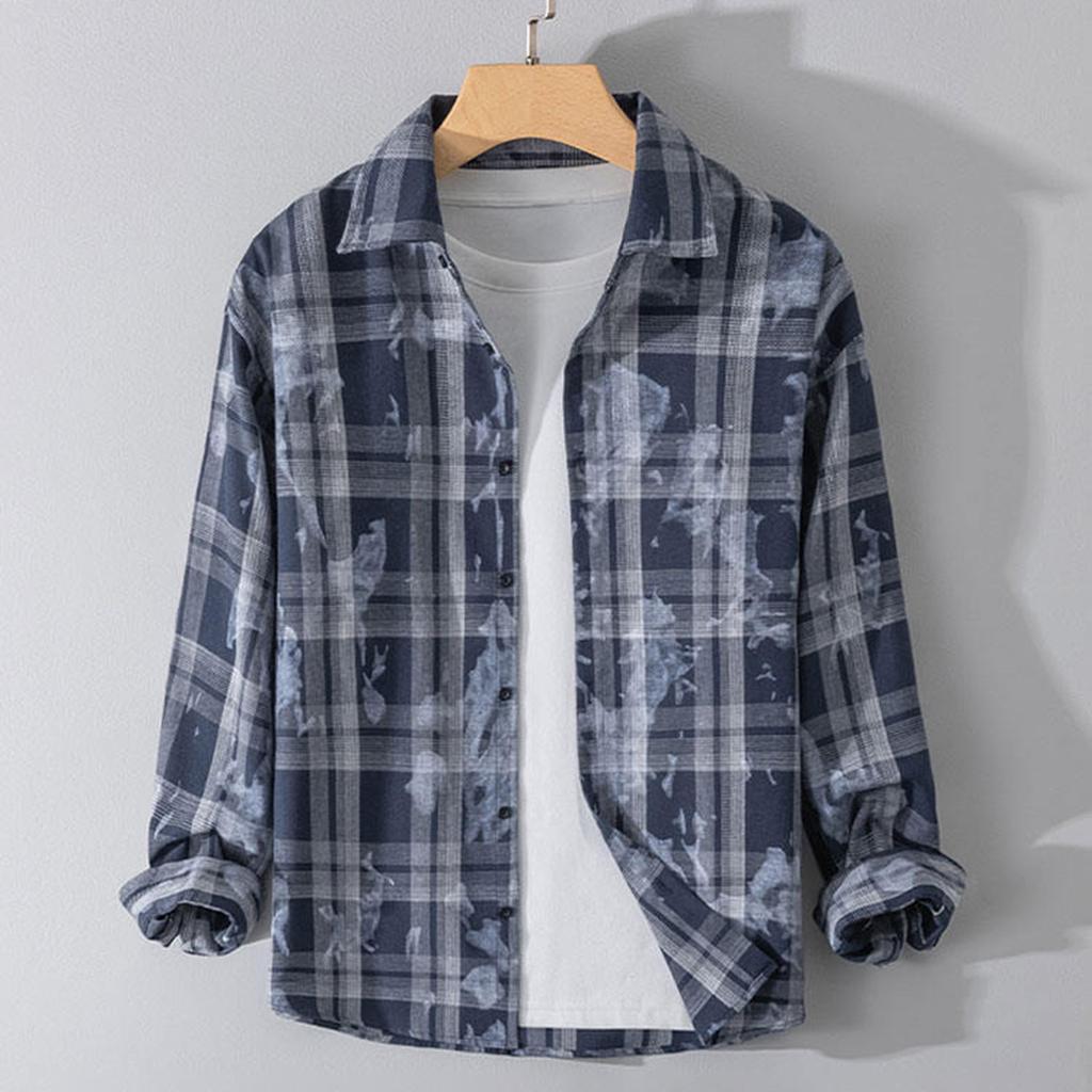 Мужская осенняя повседневная свободная клетчатая рубашка с длинным рукавом на пуговицах