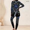 Women Plus Size Black Printed Round Neck Long Sleeve Longline Top Fitted Pants Two Piece Set