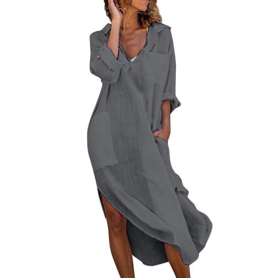 Women Summer Lapel V Neck Shirt Dress Solid Color Pockets Design Side Split Loose Fit Thin Midi Dress Beach Holiday Dress