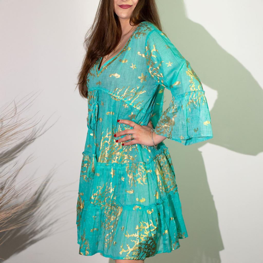 Coral Print Dress Turquoise Gold Nomad