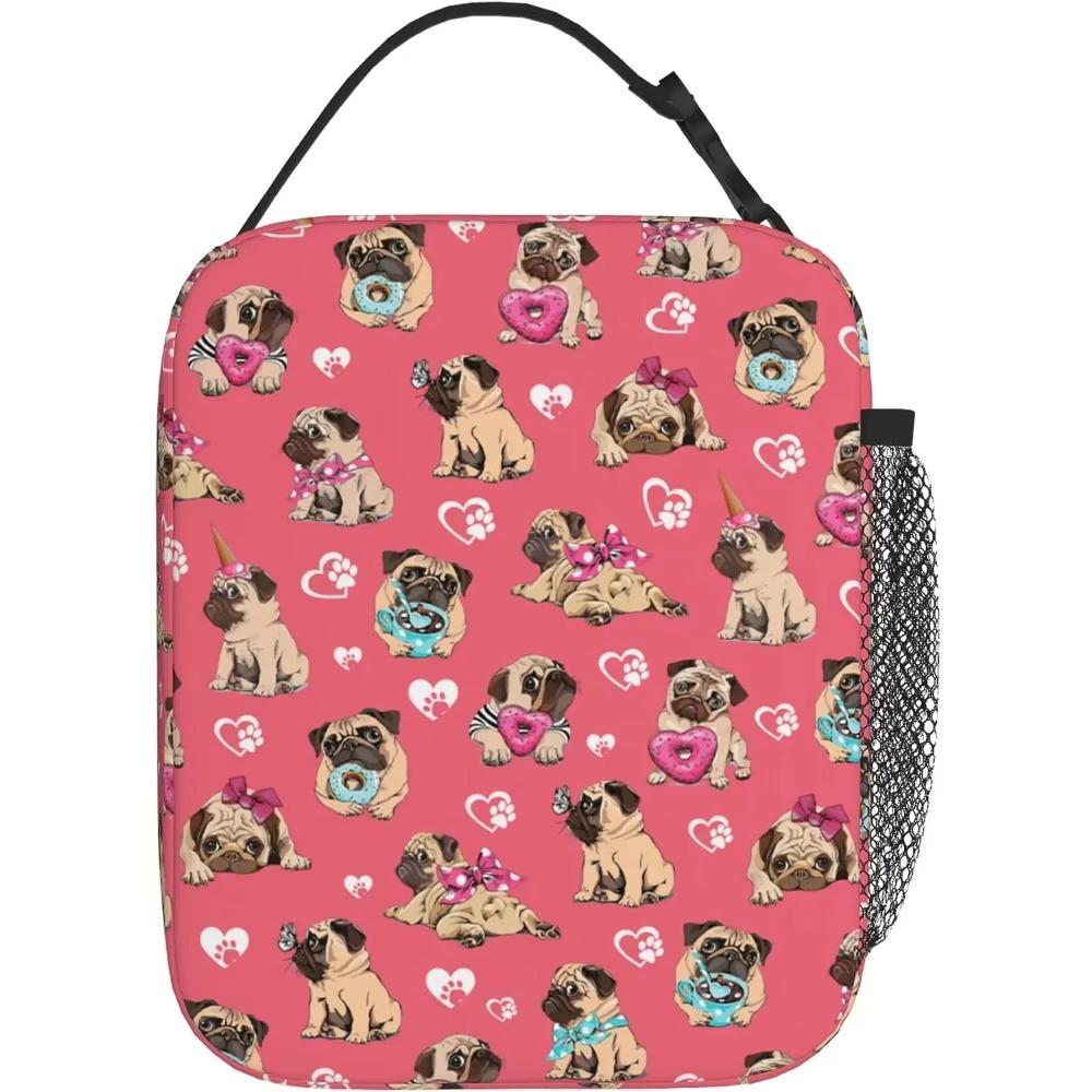 Розовый мопс изолированный ланч-бокс для детей, девочек, мальчиков, мопсов, многоразовый ланч-бокс с принтом собак, герметичная сумка для еды, термосумка-холодильник, сумки-бенто