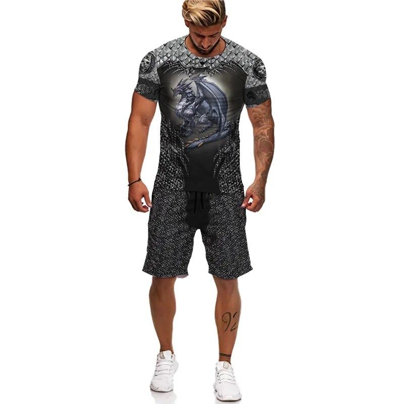 Мужская футболка/костюм с 3D принтом Flying Dragon Totem Art, летний крутой топ с короткими рукавами + шорты, комплект, готический спортивный костюм в стиле хип-хоп