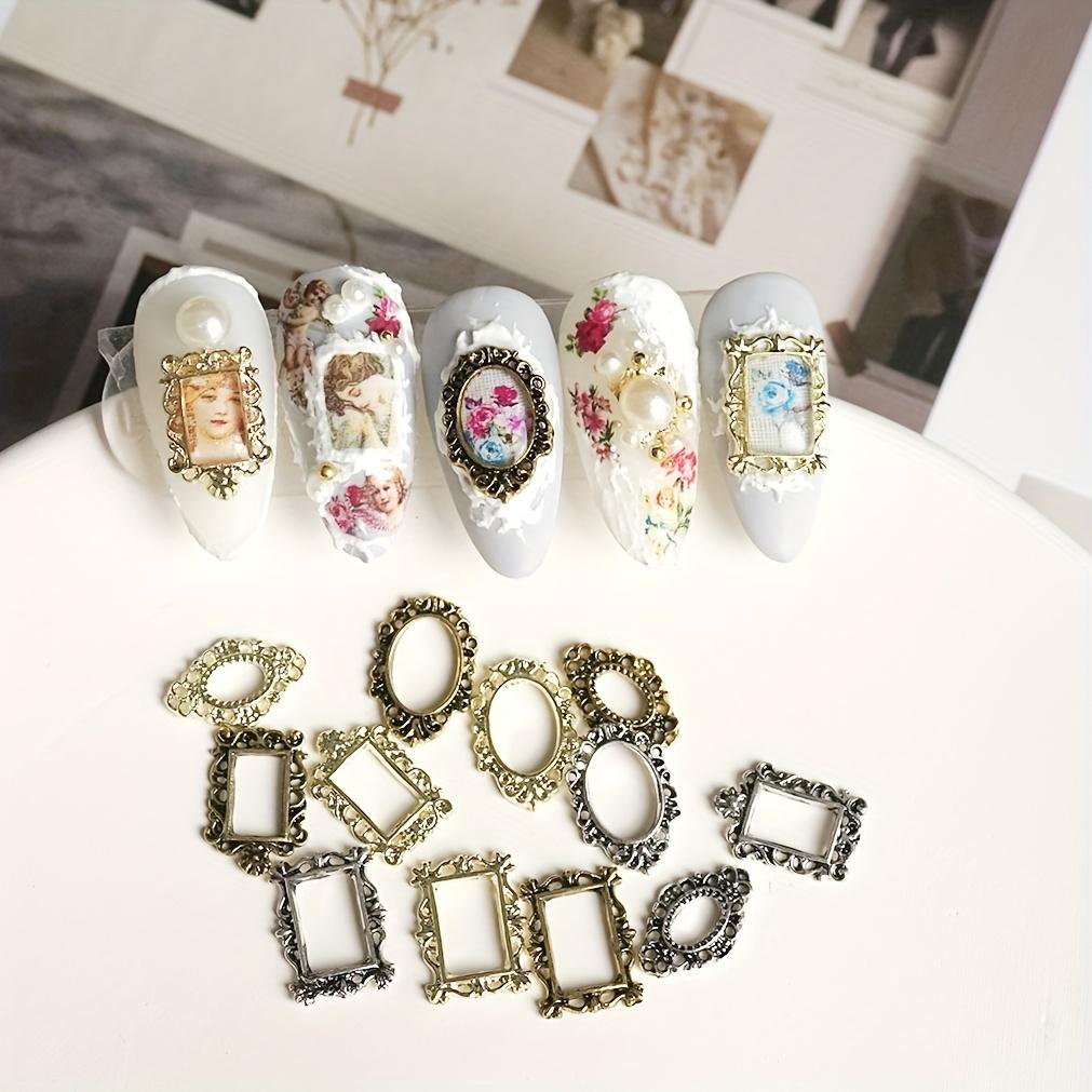 16 шт. подвески для ногтей в стиле ретро в стиле барокко - полые металлические украшения для ногтей в стиле панк для женщин и девочек - подвески в форме рамки для ногтей с гравировкой для дизайна ногтей своими руками