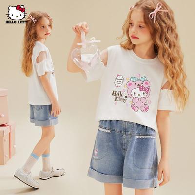 Летний костюм для девочек Hello Kitty 2025 Новый Сет из двух предметов: топ с коротким рукавом с сетчатыми вставками и вырезами, и шорты