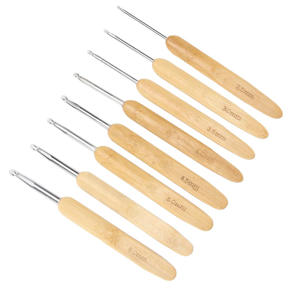 8Pcs Aluminum Crochet Hooks Round Head Knitting Needles with Bamboo Handles for Yarn Craft