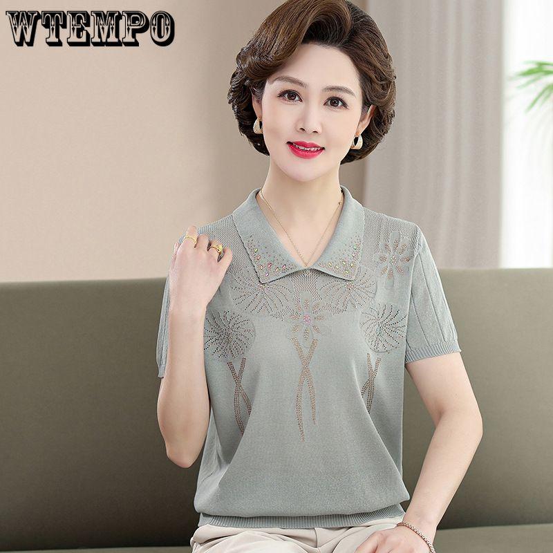 Mom's Summer Short Sleeved Stylish Ice Silk T-shirt Middle-aged and Elderly Lapel Top Slimming Knit T-shirt