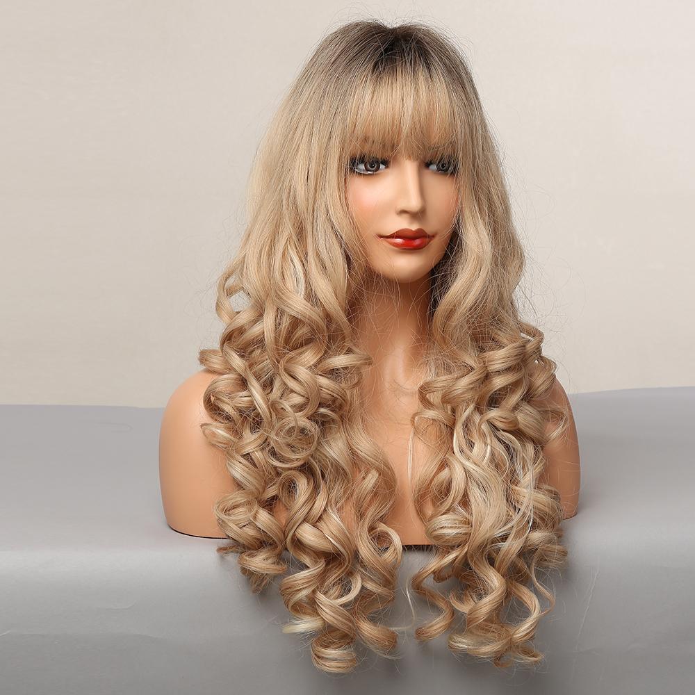 Длинные светлые синтетические парики с глубокой волной и челкой, парики из вьющихся волос для женщин, ежедневные парики, термостойкие