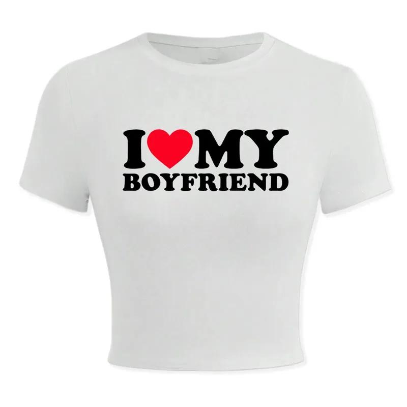Summer Crop Top Women's Y2k Classic Vintage Print I Love MY BOYFRIEND Pattern Slogan Design Graphic T-Shirt Cool T-Shirt