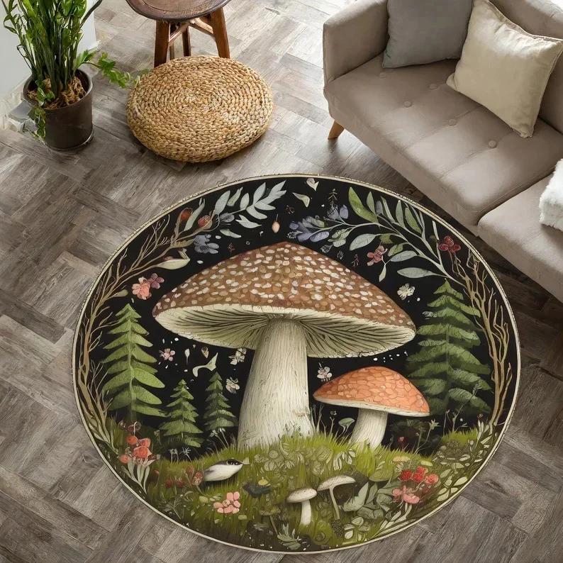 Mushroom Pattern Circle Carpet Utility Round Rug for Living Room Bedroom Deco Kitchen Under Table Floor Mat Non Slip Vintage Rug