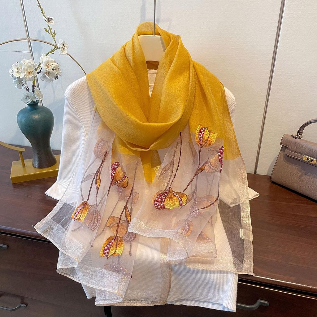 Новый весенне-летний тонкий шарф из смесового шелка, осенне-зимний тонкий шарф для женщин, модный шарф с бисером и вышивкой, высококачественная шаль