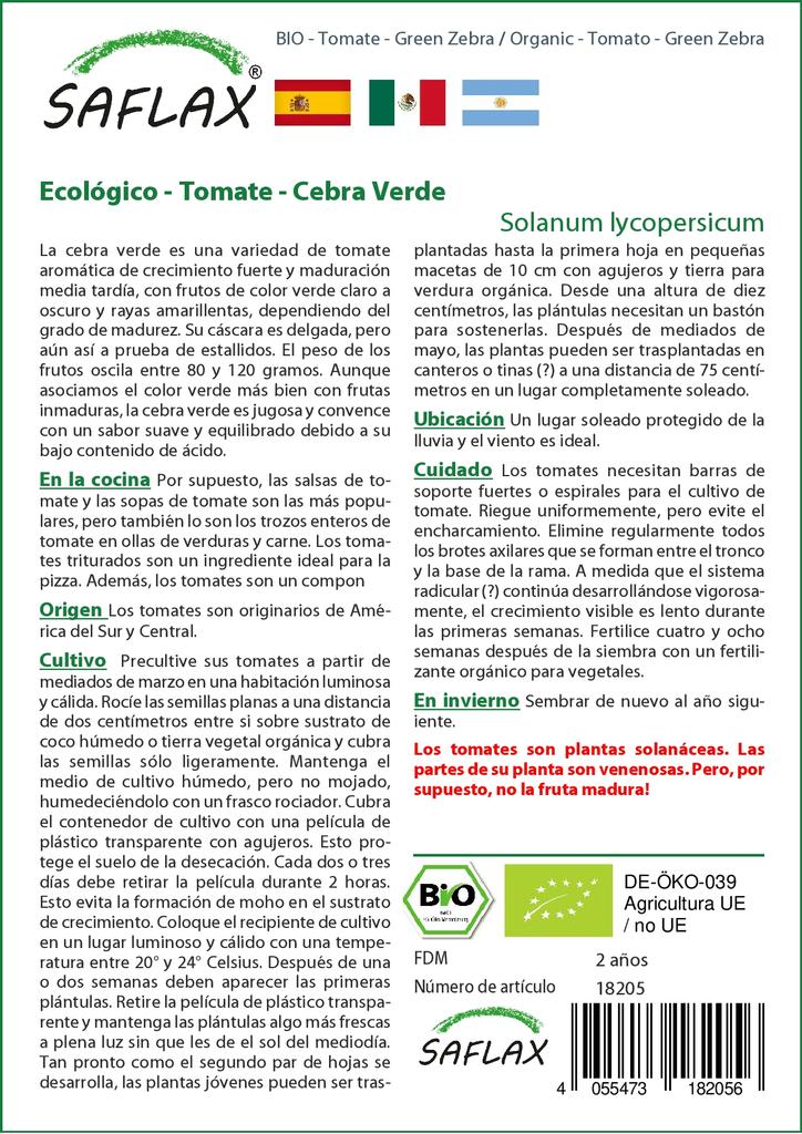 SAFLAX Garden in the Bag - Органический - Помидор - Зеленая зебра - 10 семян - С субстратом в подходящем пакете - Solanum lycopersicum