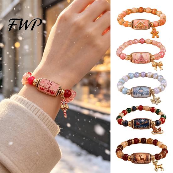 Metal Pendant Bracelets Christmas Story Beaded Bracelet, Bracelet with Santa Reindeer Snowman House Candy Patterned Cane Tree Pattern, Elastic