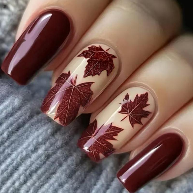 Autumn Winter Press On Nail Set of 24 Glossy Maple Leaf Design Easy Application Comfort Fit