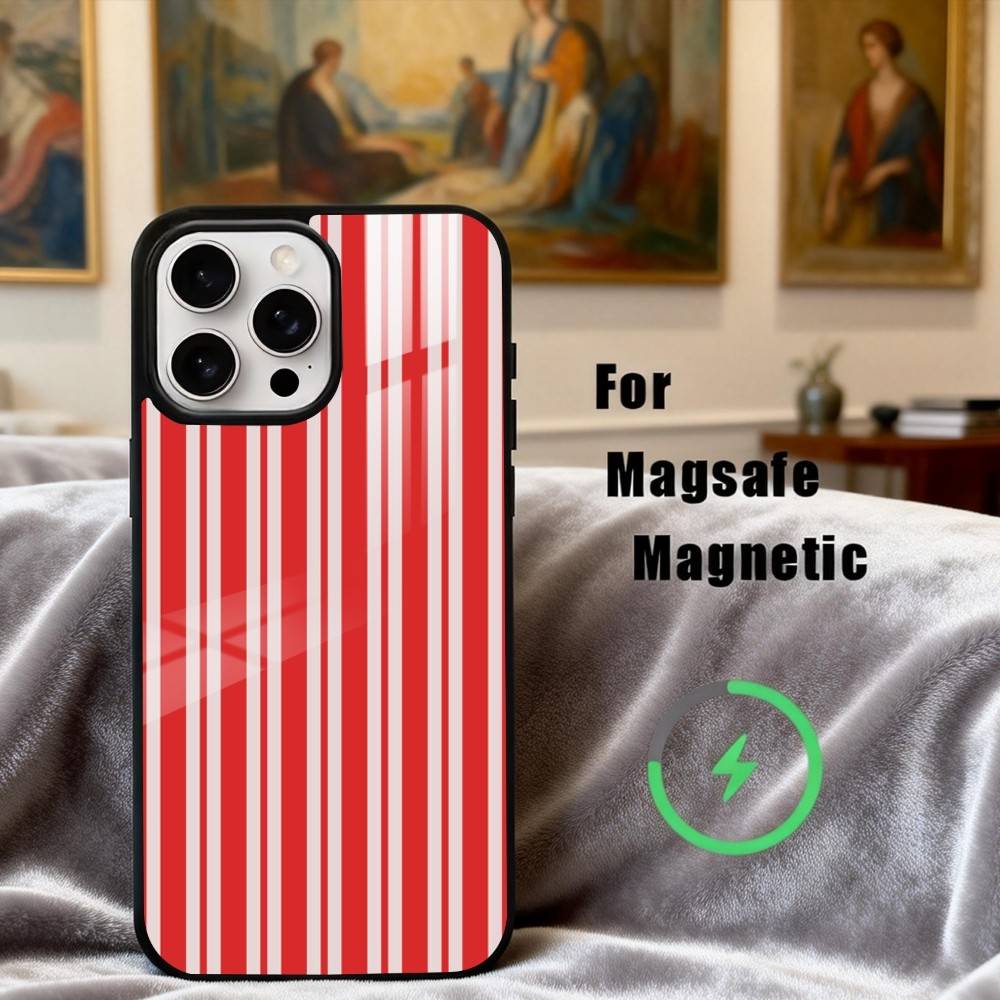Чехол для телефона B-Бордовый W-Белая полоска Для iPhone17,16,15,14,13,12,11 Plus,Pro Max Магнитный Для Magsafe Беспроводная зарядка