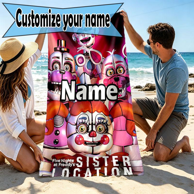 Custom Name Personalized Five Nights at Freddy's Print Beach Towel, for Trip Camping Beach Party Home Decor, Birthday Gift for Family & Friends