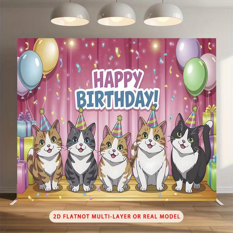 2D Cartoon Kitten Birthday Backdrop Pink Curtain Balloon Party Background