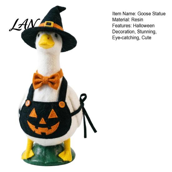 Fall Porch Ornament Halloween Mini Desk Goose Statue, Cute Small Figurine with Stable Base Statue Pumpkin Apron And Wizard Hat for Home Office