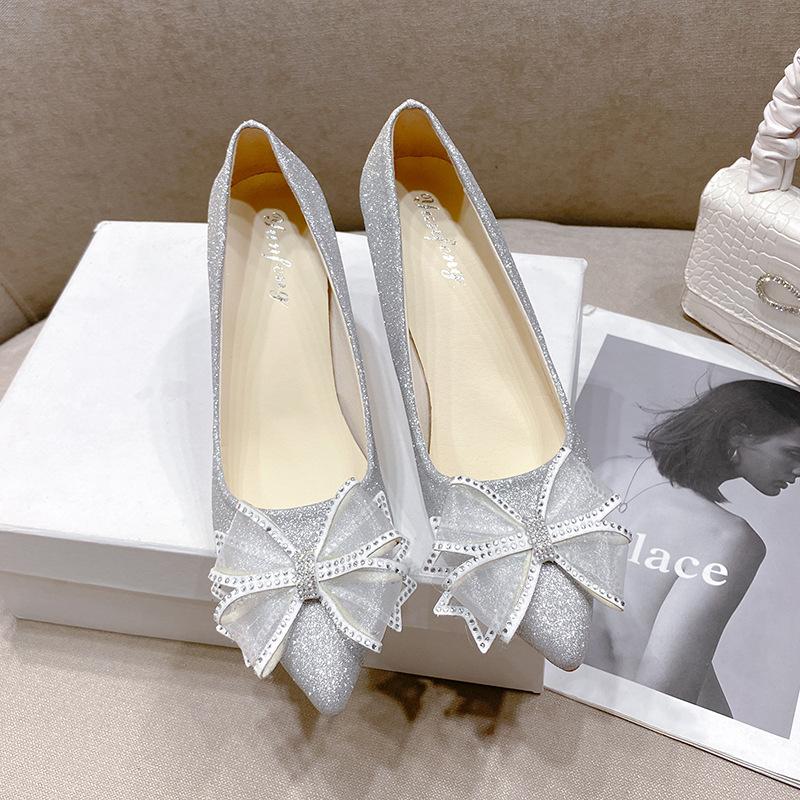 Женские осенние туфли на высоком каблуке с бантом, на тонком каблуке, 2025 новинка, свадебные туфли со стразами, французский острый носок, мелкий вырез, темпераментные одинарные туфли