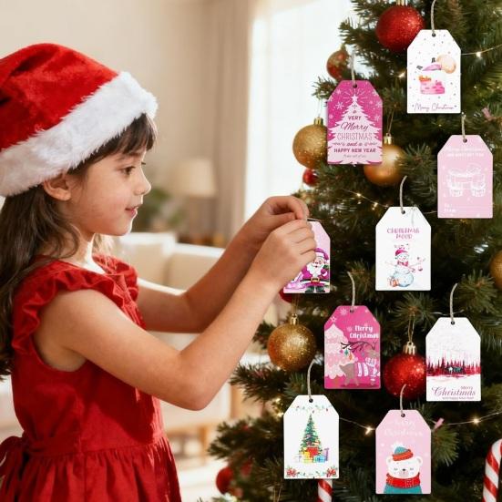 Elk Pattern Tags 60 Pcs Christmas Paper Gift Tags, Pink Santa Snowman Hanging Labels Cute Cartoon Hang with Hemp Rope for Winter Holiday Party