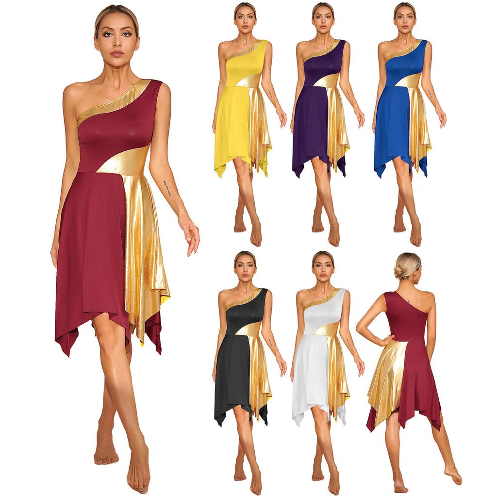 Womens Metallic Worship Praise Dance Dress Color Block One Shoulder Irregular Hem Sleeveless Dresses Dancewear Performance Costume