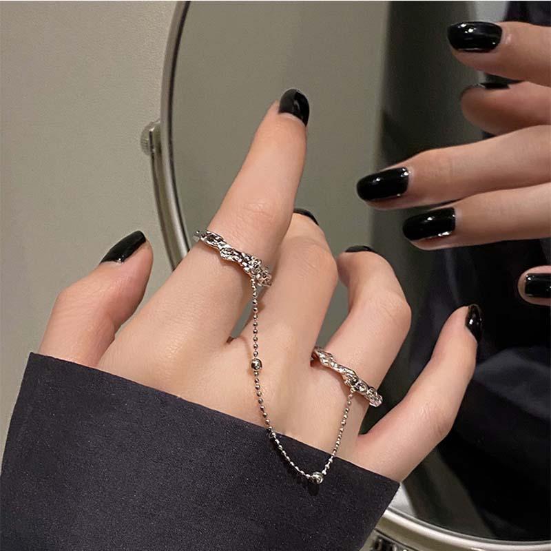 Fashion Punk Tassels Chain Double Ring Set Women Hip Hop Open Ring Metal Silver Color Ball Chain Party Jewlery Gifts