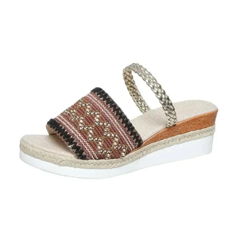 Модные летние женские тапочки, пляжные сандалии, бохо, этнический стиль, эспадрильи ручной работы, тапочки на платформе, шлепанцы для женщин