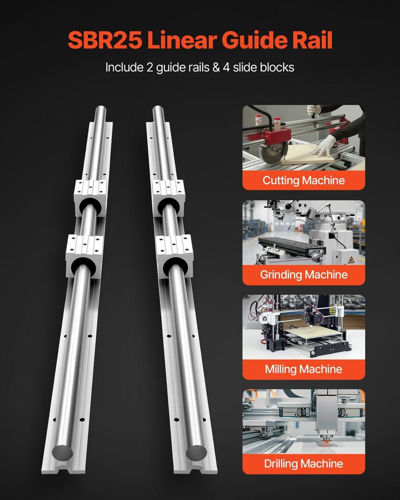 Linear Rail Kit, SBR25, 2Pcs 1200 mm (47.24 inch) Linear Motion Guide Rails and 4Pcs Bearing Slide Blocks, Fully Supported Shaft, for Cutting,