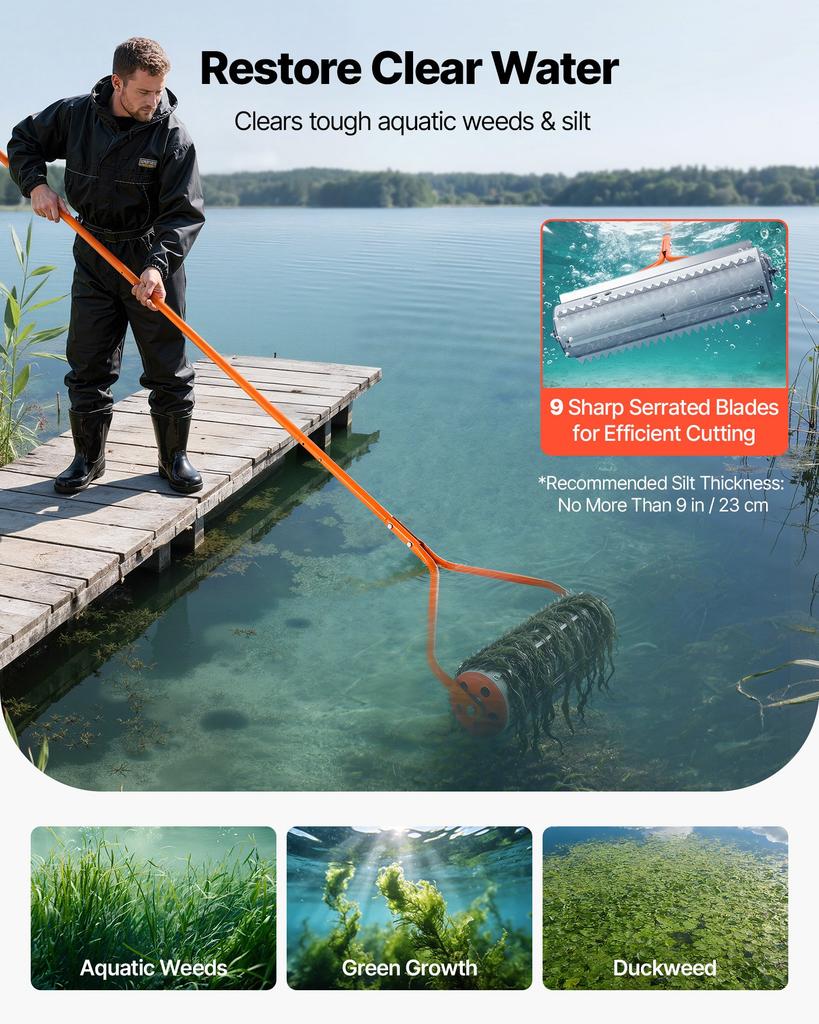 VEVOR Lake Weed Roller, 18 ft Lake & Pond Weed Removal Tool, Muck Razer Aquatic & Sludge Tiller, Rid Roots and Muck Buildup
