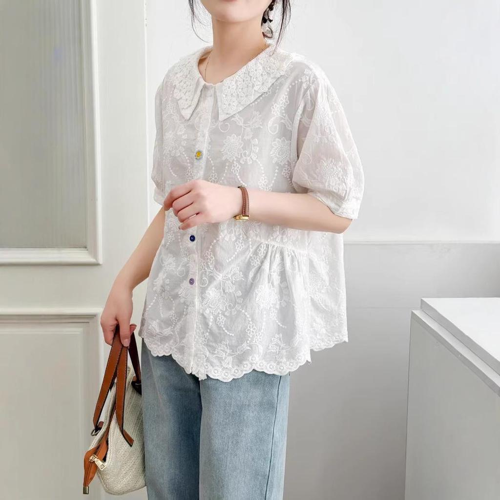 Летняя женская рубашка с воротником Питер Пэн 2025: Модная, Универсальная, Свободная, Стройнящая, Омолаживающая, Блузка с коротким рукавом