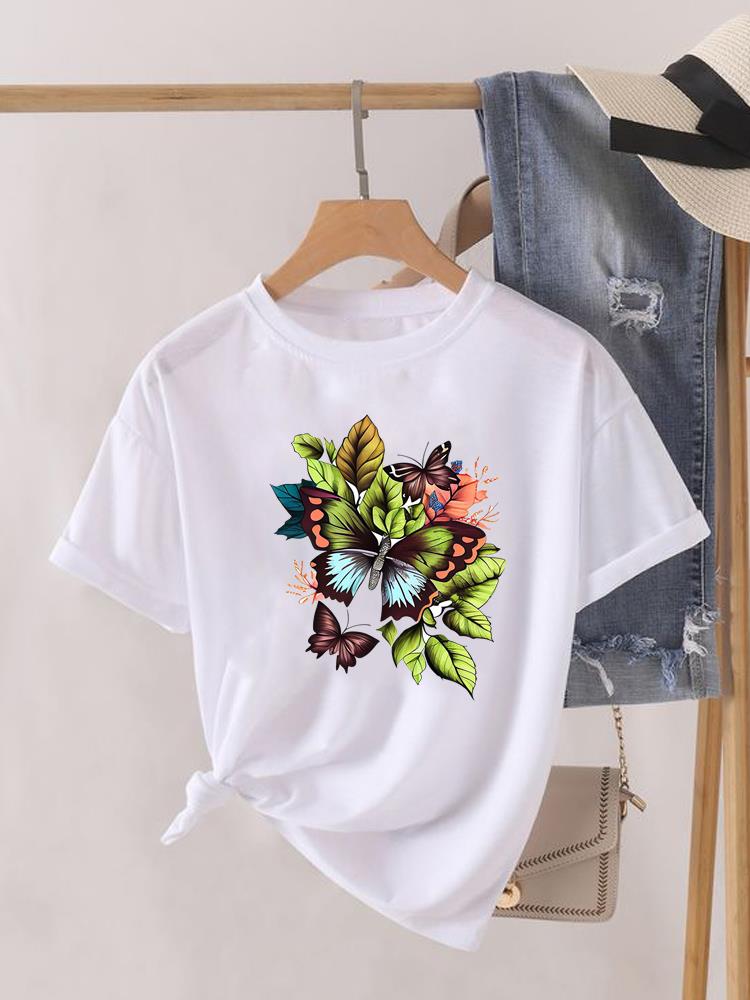 (Asian Size) Tee Top Women Sweet Flower Trend 90s Clothing Casual Short Sleeve T Shirt Fashion Print Lady Female Graphic T-shirts
